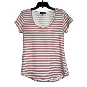 Love+Joy Womens Top Size L Pink White Stripes Shirt Short Sleeve Scoop Neck Soft
